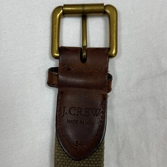 J Crew Woven Webbed Elastic Leather Belt with Square Buckle Made in USA Khaki - Picture 4 of 7